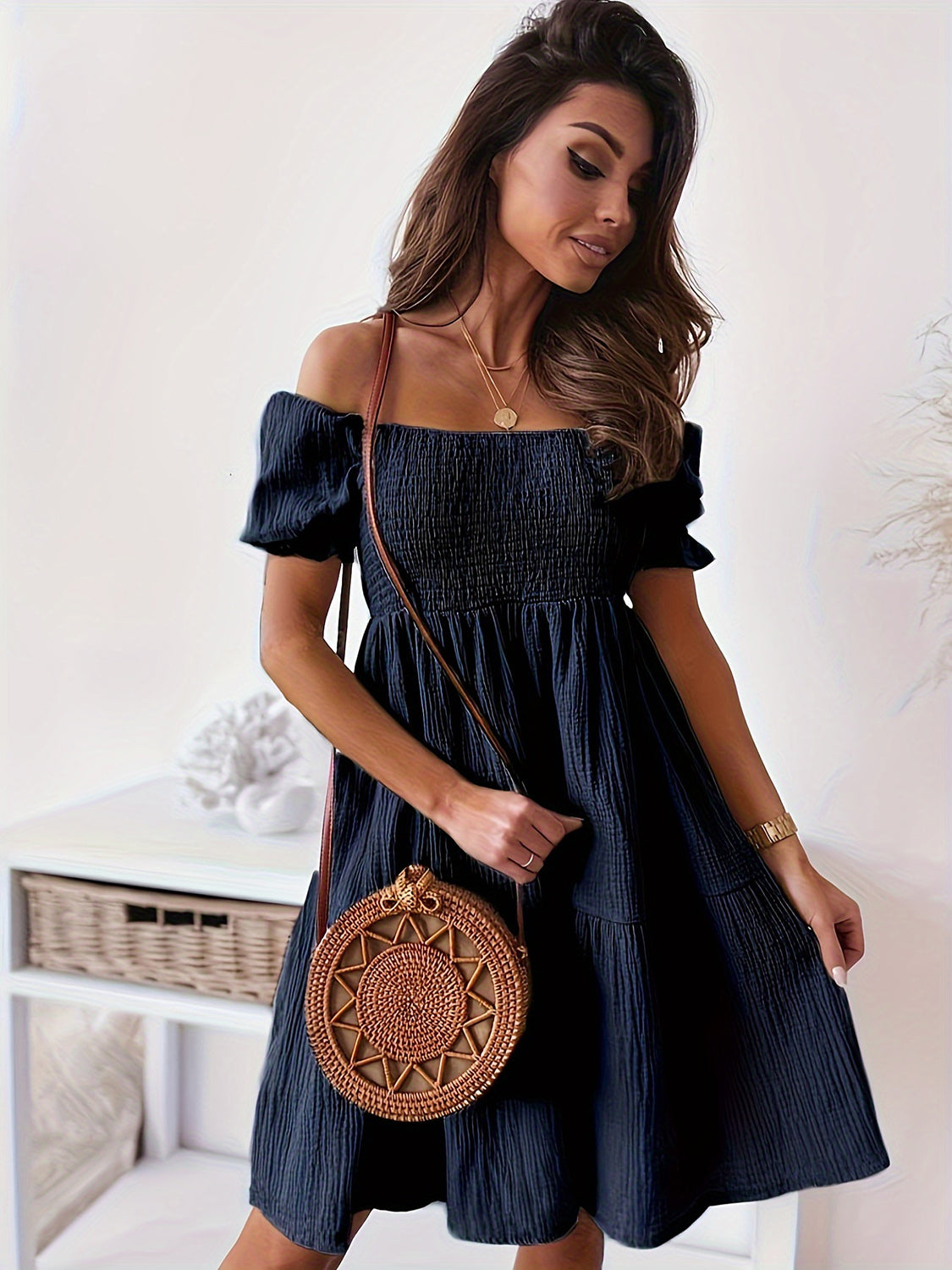 Full Size Ruffled Off-Shoulder Short Sleeve Dress Navy S Dresses by Trendsi | Fleurcouture