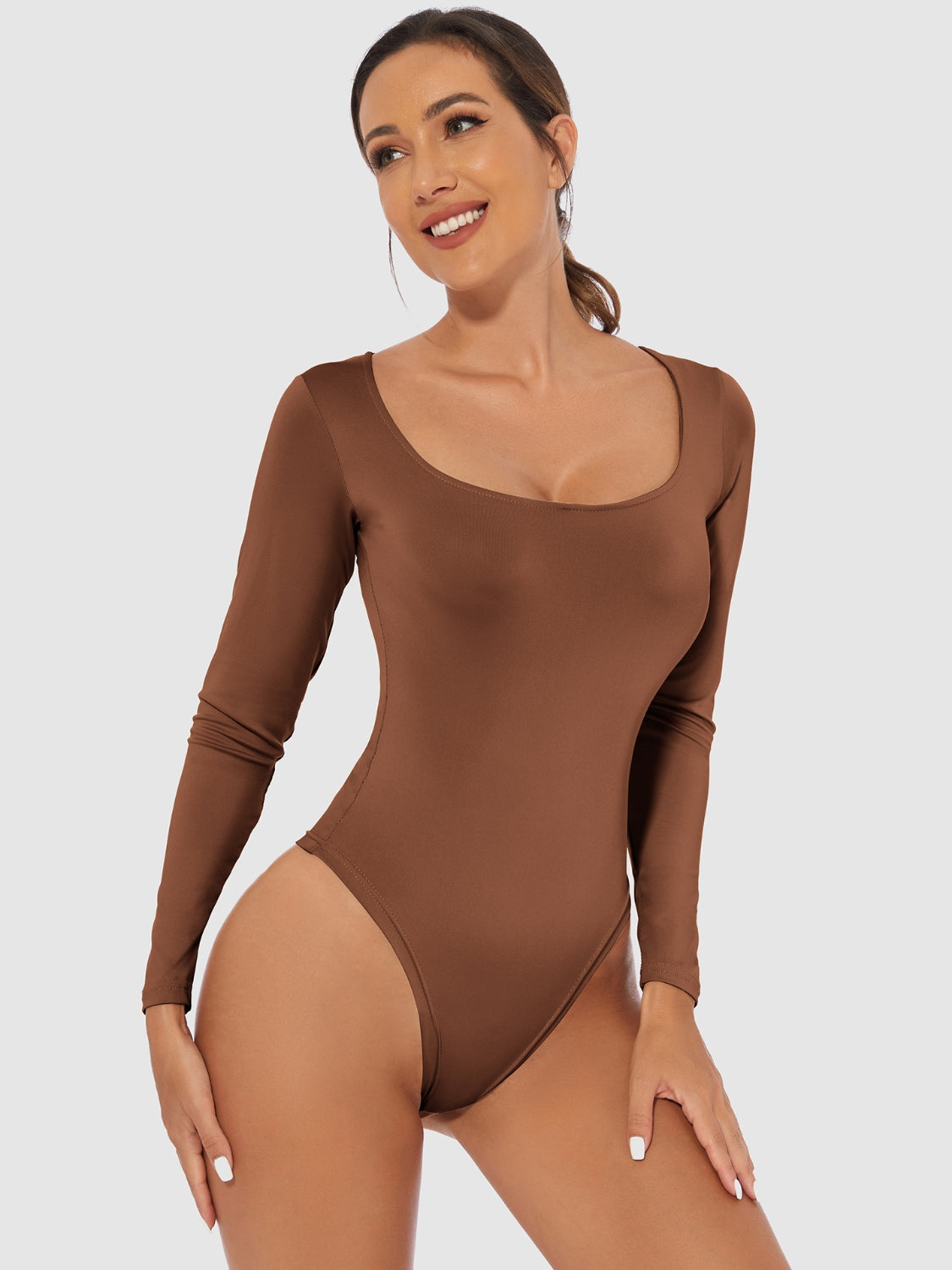 Full Size Scoop Neck Long Sleeve Bodysuit Brown S Bodysuits by Trendsi | Fleurcouture