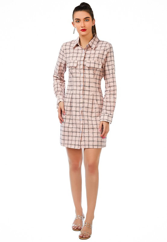 Full Sleeve Chequered Shirt Dress Pink by Rag Company | Fleurcouture