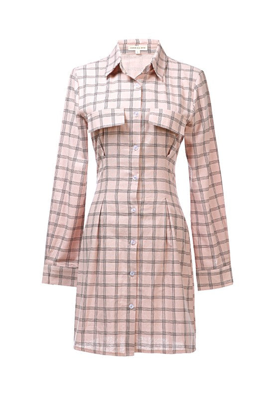 Full Sleeve Chequered Shirt Dress Pink by Rag Company | Fleurcouture