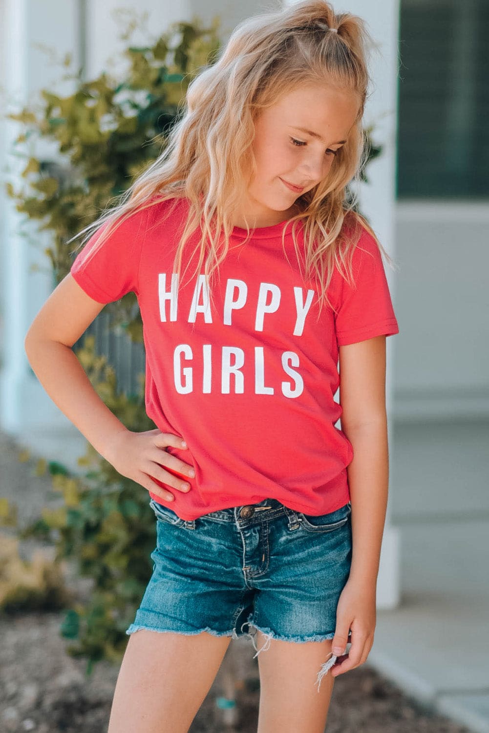 Girls Letter Graphic Short Sleeve T-Shirt Salmon by Trendsi | Fleurcouture