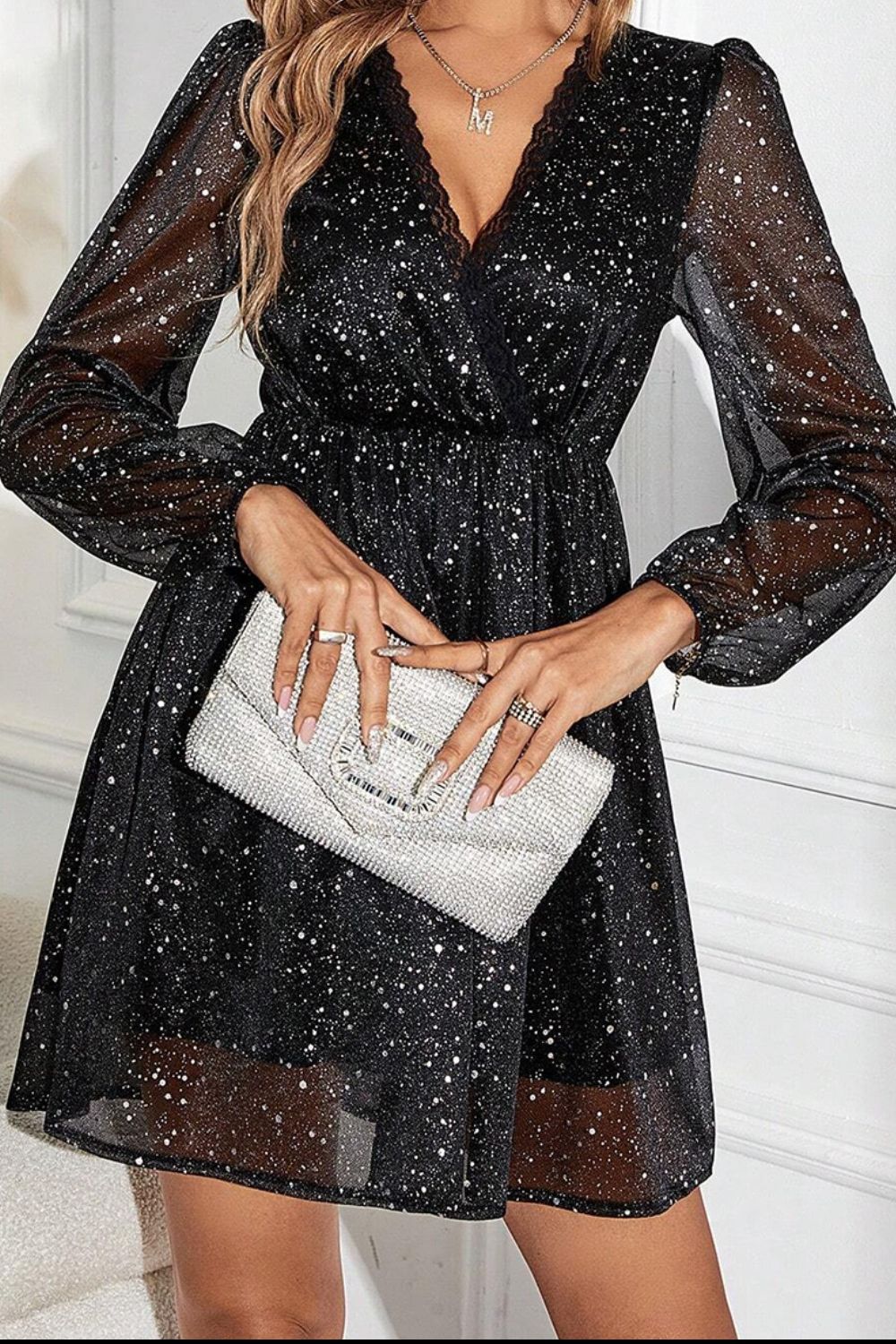 Glitter Surplice Long Sleeve Mini Dress Black Women&