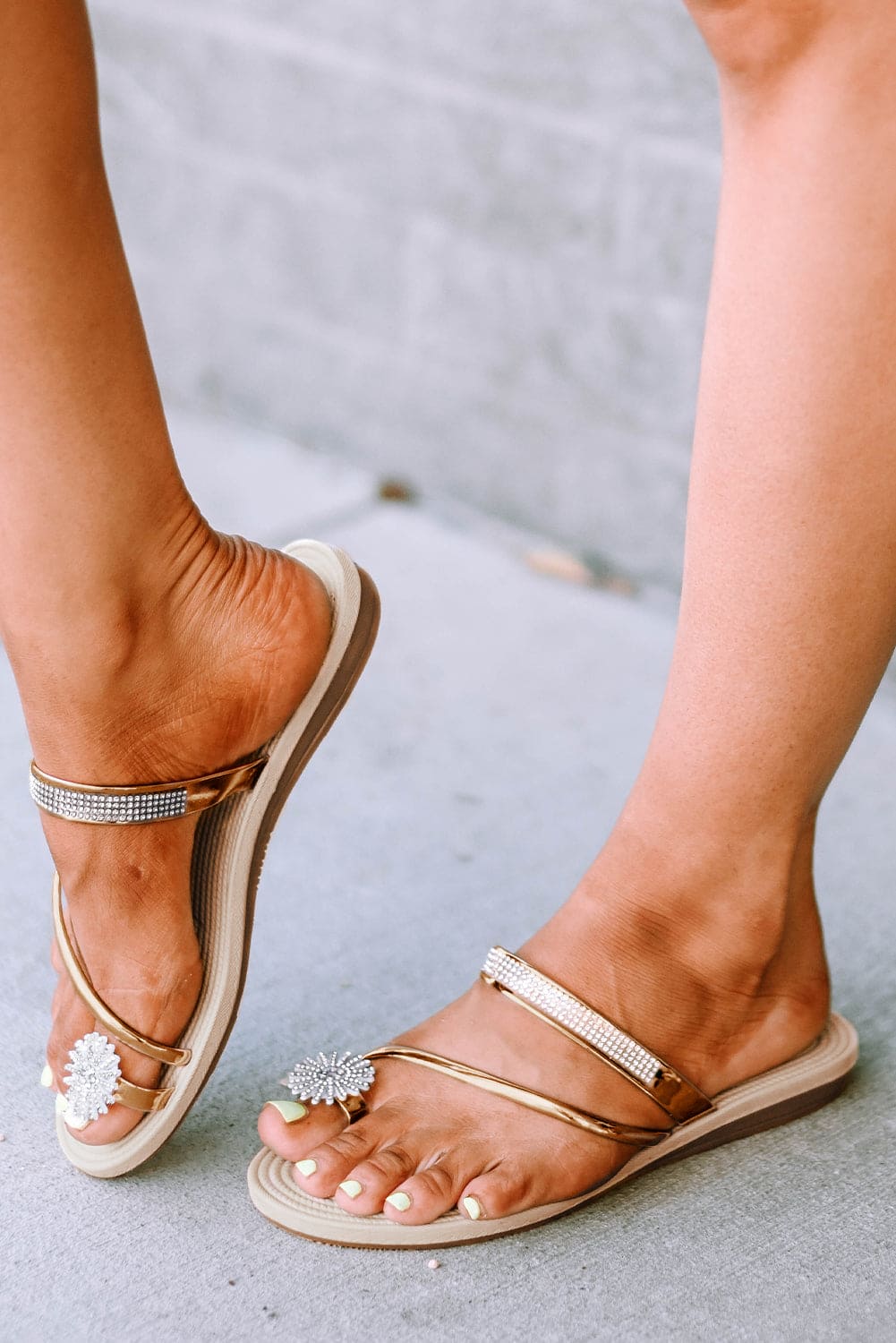 Gold Rhinestone Toe Ring Flat Sandals Gold Shoes & Bags by Fleurcouture | Fleurcouture