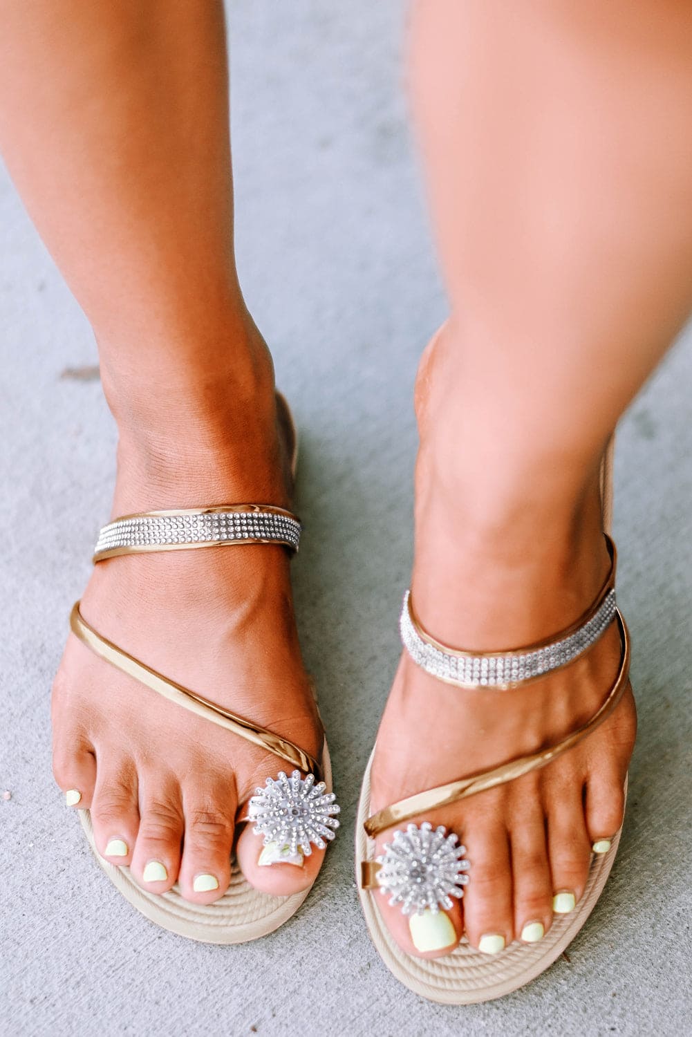 Gold Rhinestone Toe Ring Flat Sandals Gold Shoes & Bags by Fleurcouture | Fleurcouture