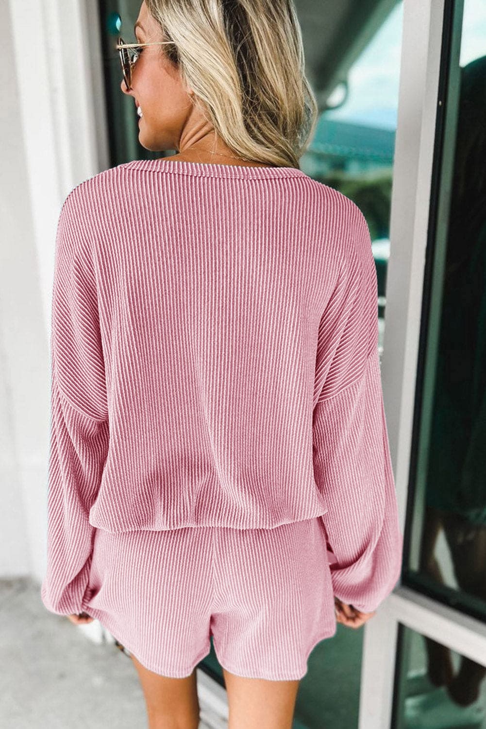 Grass Green Corded V Neck Slouchy Top Pocketed Shorts Set 75%Polyester+20%Viscose+5%Elastane Two Piece Sets by Fleurcouture | Fleurcouture