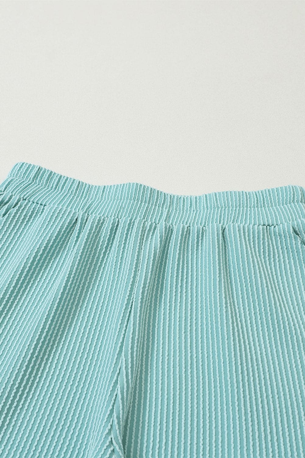 Grass Green Corded V Neck Slouchy Top Pocketed Shorts Set 75%Polyester+20%Viscose+5%Elastane Two Piece Sets by Fleurcouture | Fleurcouture