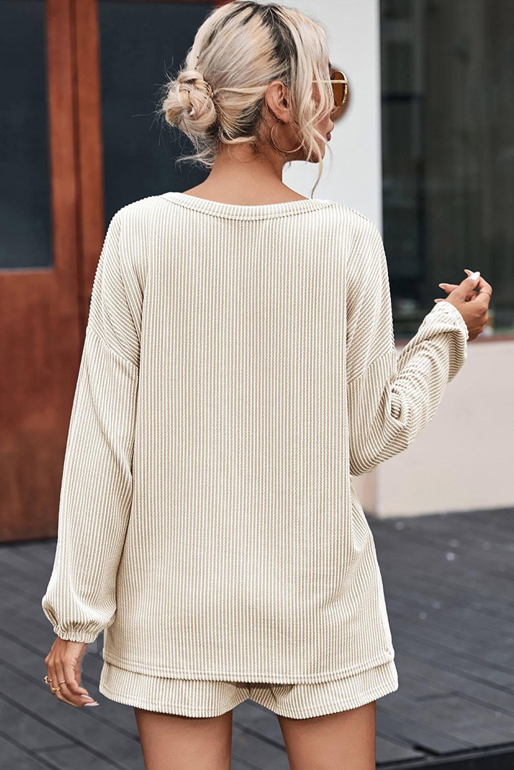 Grass Green Corded V Neck Slouchy Top Pocketed Shorts Set 75%Polyester+20%Viscose+5%Elastane Two Piece Sets by Fleurcouture | Fleurcouture