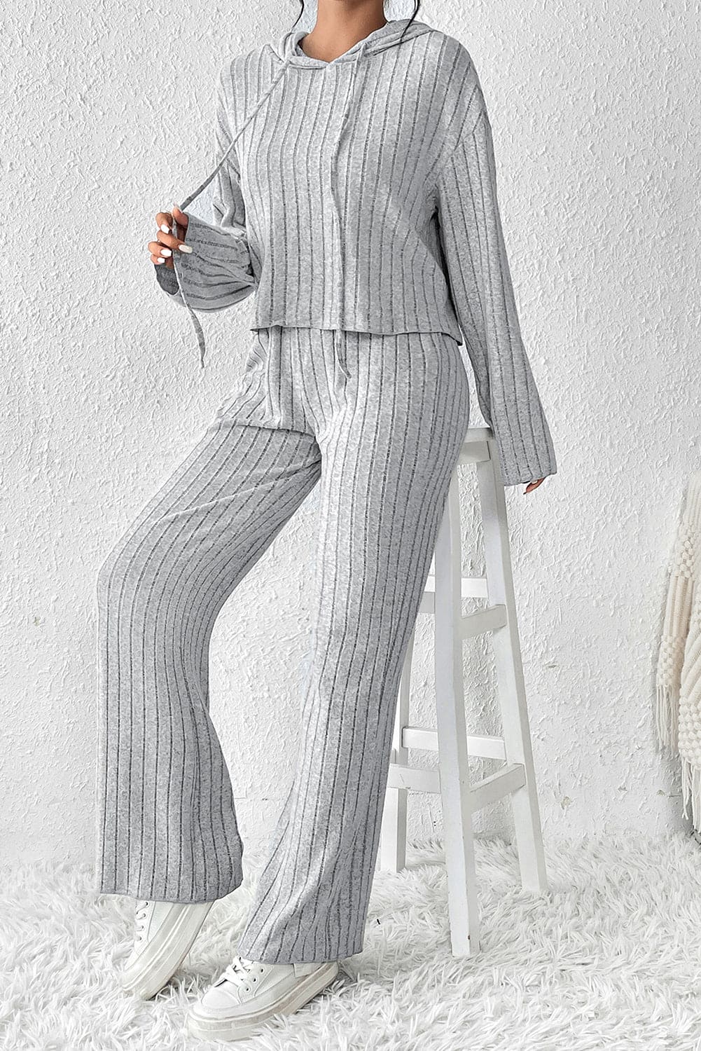Gray Ribbed Knit Slouchy Hoodie Wide Leg Pants Set Gray 95%Polyester+5%Elastane Two Piece Sets by Fleurcouture | Fleurcouture