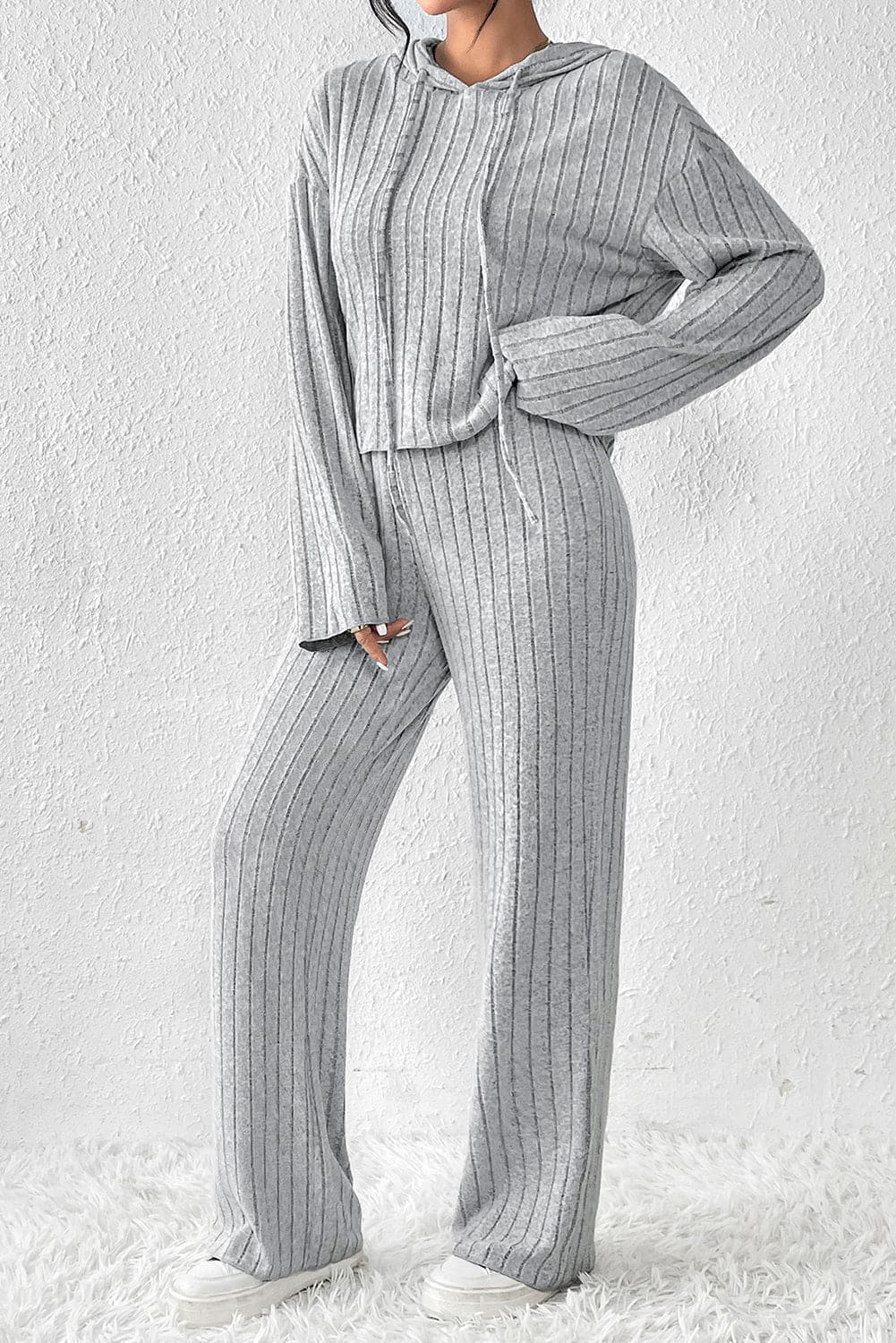 Gray Ribbed Knit Slouchy Hoodie Wide Leg Pants Set Gray 95%Polyester+5%Elastane Two Piece Sets by Fleurcouture | Fleurcouture