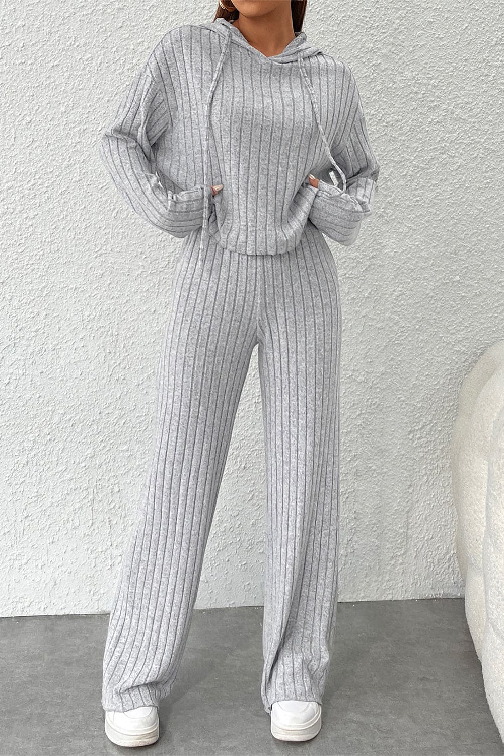 Gray Ribbed Knit Slouchy Hoodie Wide Leg Pants Set Gray 95%Polyester+5%Elastane Two Piece Sets by Fleurcouture | Fleurcouture
