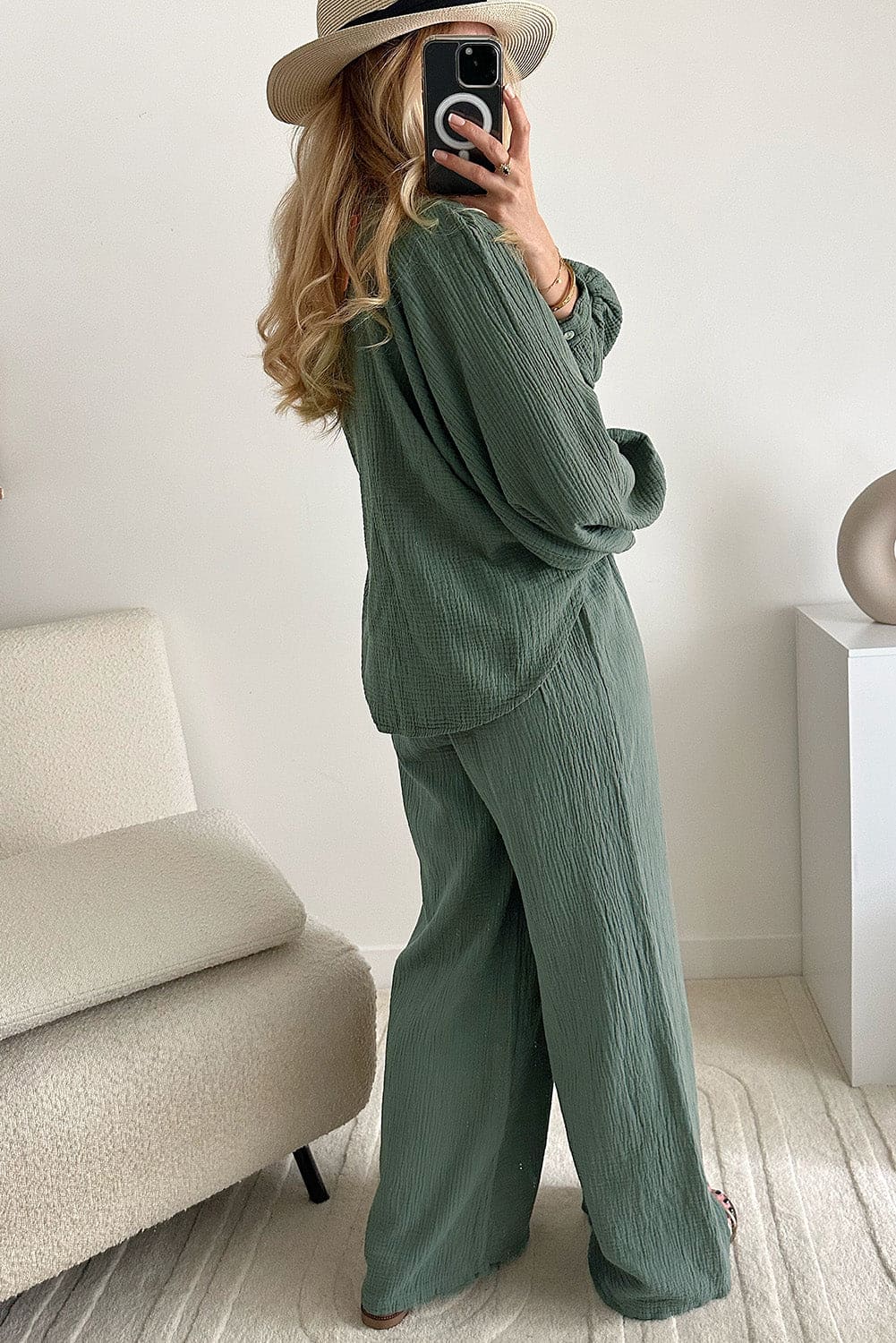 Green Crinkle Split Neck Top Loose Drawstring Pants Set Mist Green 100%Cotton Two Piece Sets by Fleurcouture | Fleurcouture