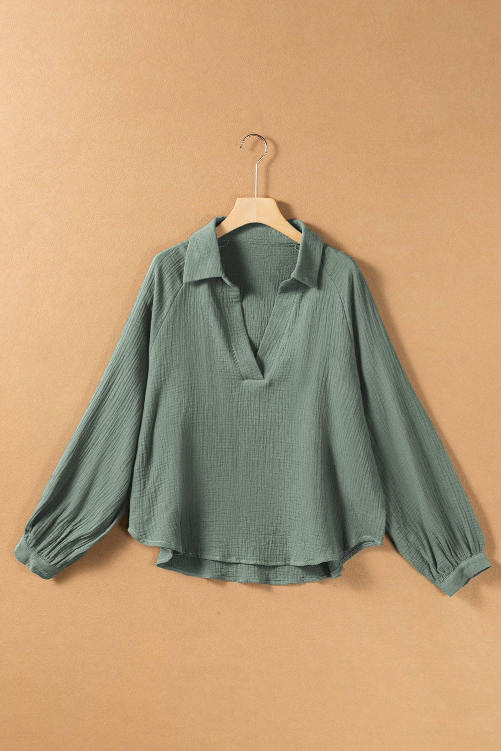 Green Crinkle Split Neck Top Loose Drawstring Pants Set Mist Green 100%Cotton Two Piece Sets by Fleurcouture | Fleurcouture