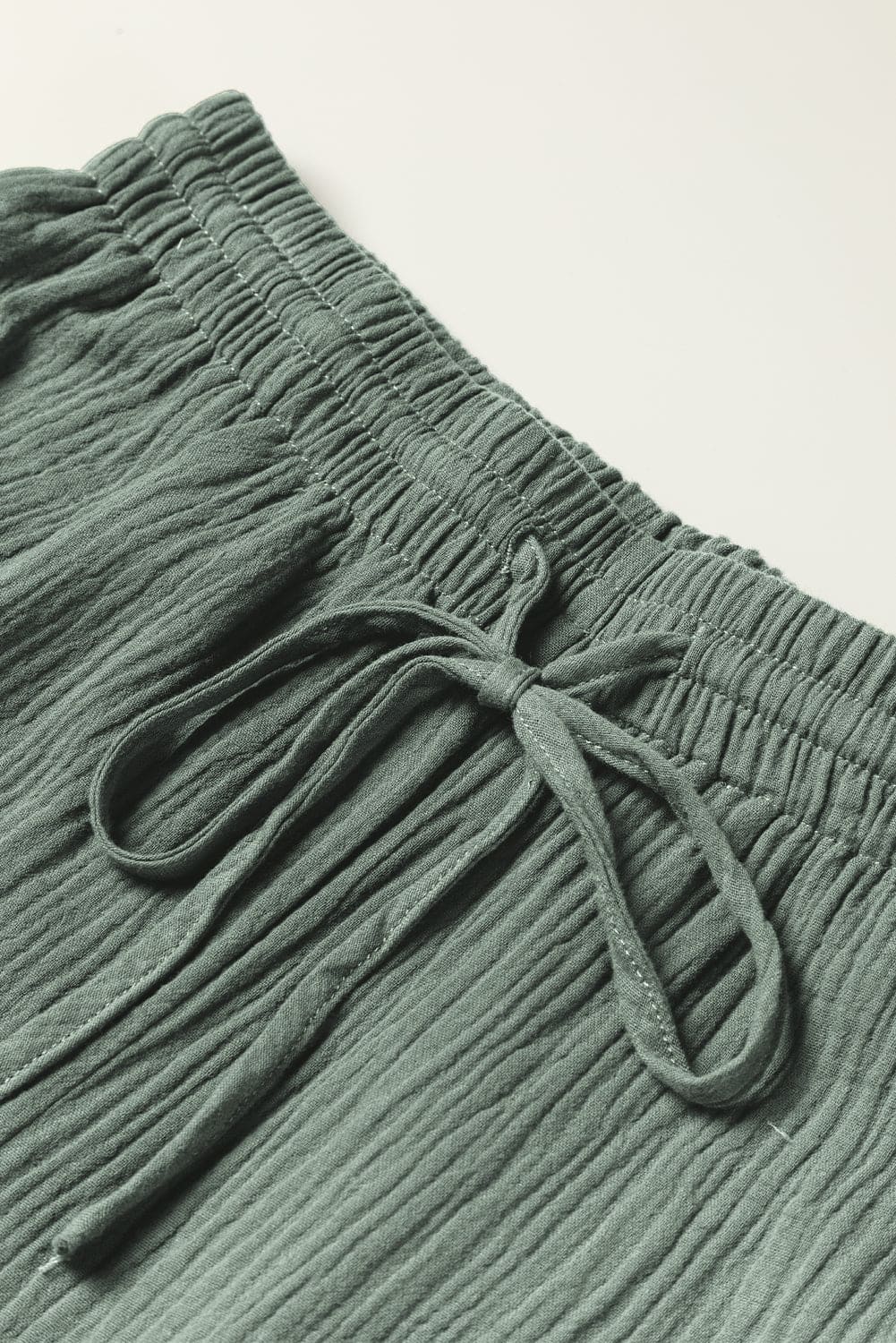 Green Crinkle Split Neck Top Loose Drawstring Pants Set Mist Green 100%Cotton Two Piece Sets by Fleurcouture | Fleurcouture