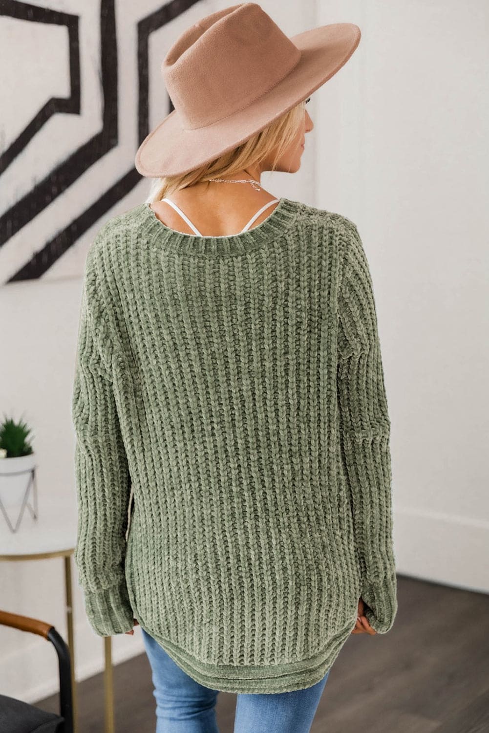 Green Long Sleeve Round Hem Cable Knit Sweater Green 100%Polyester Sweater by Fleurcouture | Fleurcouture