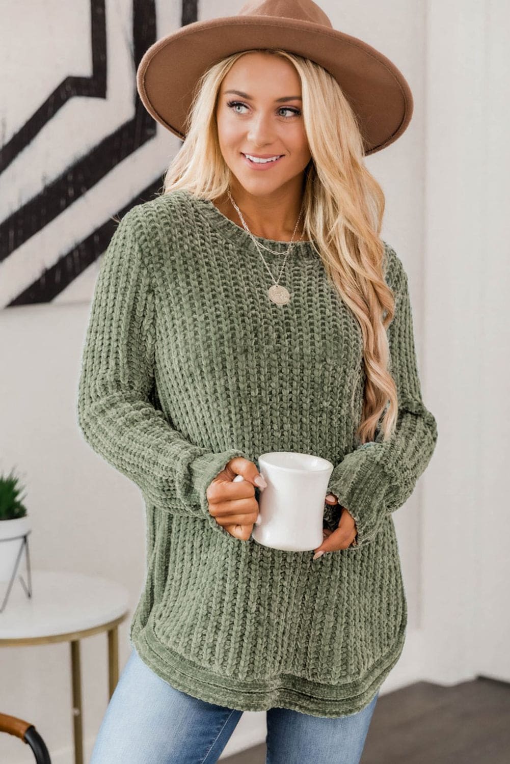 Green Long Sleeve Round Hem Cable Knit Sweater Green 100%Polyester Sweater by Fleurcouture | Fleurcouture