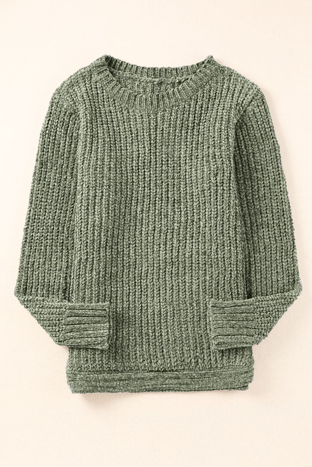Green Long Sleeve Round Hem Cable Knit Sweater Green 100%Polyester Sweater by Fleurcouture | Fleurcouture