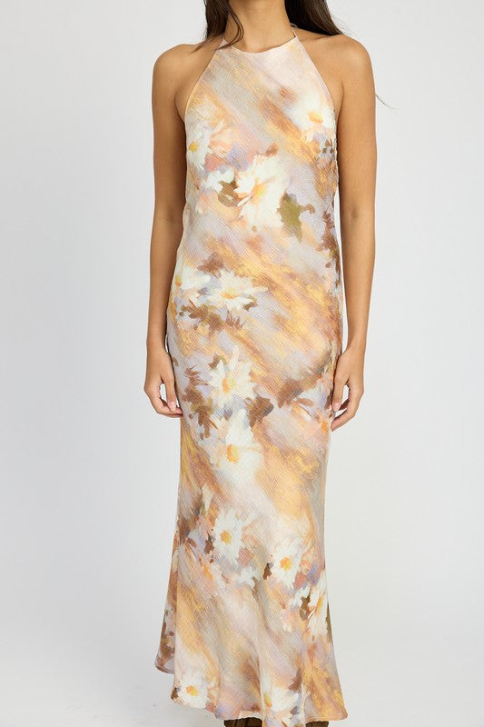 HALTER NECK FLORAL MAXI DRESS YELLOW-PURPLE by Emory Park | Fleurcouture