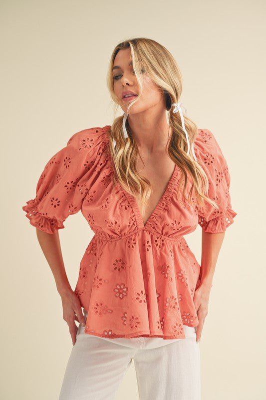 Hazle Eyelet Embroidered Top CORAL S by Aemi + Co | Fleurcouture