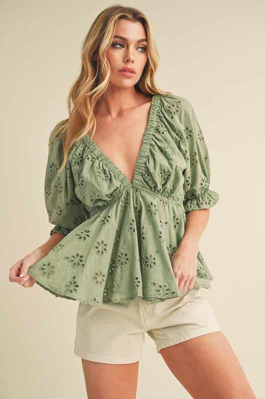 Hazle Eyelet Embroidered Top SAGE S by Aemi + Co | Fleurcouture