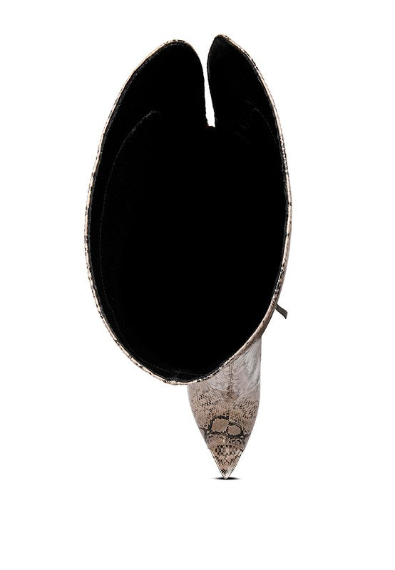 High Drama Snake print Stiletto Long Boots by Rag Company | Fleurcouture