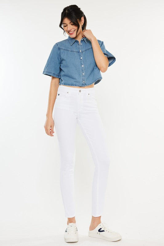 High Rise Ankle Skinny Jeans White by Kan Can USA | Fleurcouture