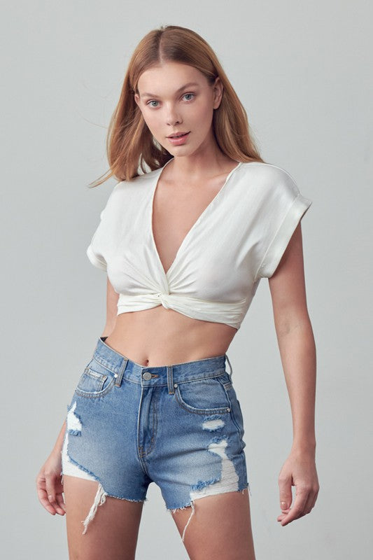 HIGH RISE DESTROYED DENIM SHORTS MEDIUM by Insane Gene | Fleurcouture