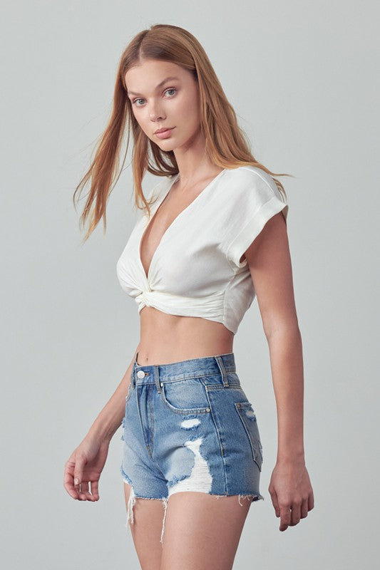 HIGH RISE DESTROYED DENIM SHORTS MEDIUM by Insane Gene | Fleurcouture