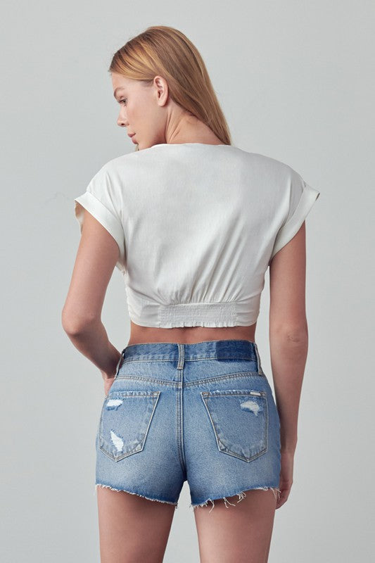 HIGH RISE DESTROYED DENIM SHORTS MEDIUM by Insane Gene | Fleurcouture