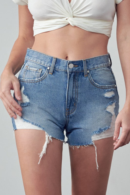 HIGH RISE DESTROYED DENIM SHORTS MEDIUM by Insane Gene | Fleurcouture