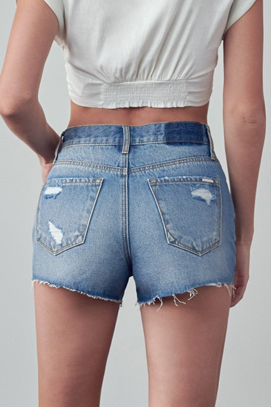 HIGH RISE DESTROYED DENIM SHORTS MEDIUM by Insane Gene | Fleurcouture