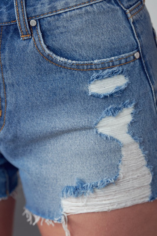HIGH RISE DESTROYED DENIM SHORTS MEDIUM by Insane Gene | Fleurcouture