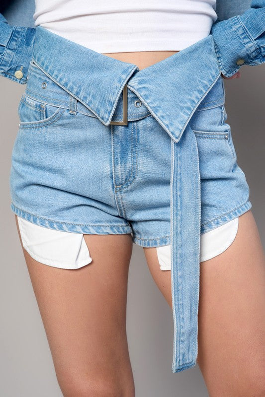 High Rise Flap Waist Belted Denim Shorts MEDIUM by Denim Lab USA | Fleurcouture