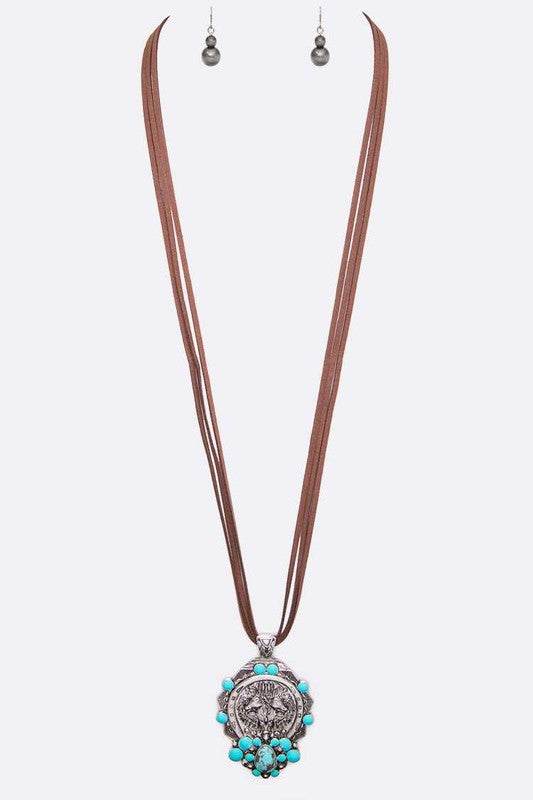 Horse Embossed Western Pendant Long Necklace Set O/S by LA Jewelry Plaza | Fleurcouture