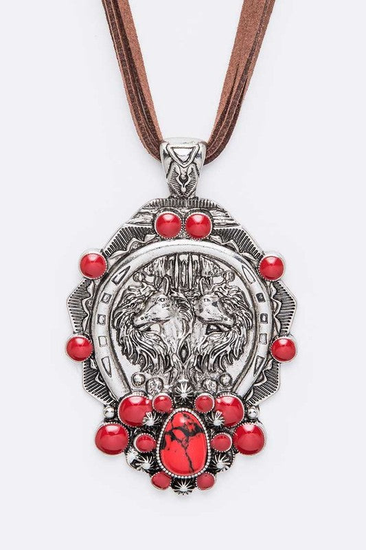 Horse Embossed Western Pendant Long Necklace Set Red O/S by LA Jewelry Plaza | Fleurcouture