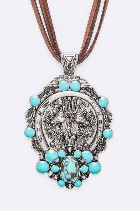 Horse Embossed Western Pendant Long Necklace Set Turquoise O/S by LA Jewelry Plaza | Fleurcouture