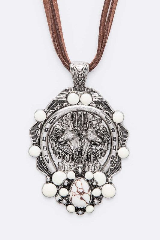 Horse Embossed Western Pendant Long Necklace Set White O/S by LA Jewelry Plaza | Fleurcouture