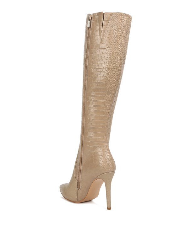 Indulgent High Heeled Croc Calf Boots by Rag Company | Fleurcouture