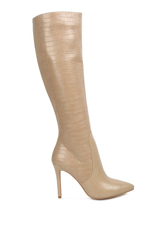 Indulgent High Heeled Croc Calf Boots by Rag Company | Fleurcouture