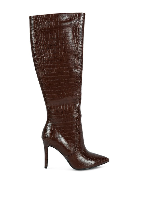 Indulgent High Heeled Croc Calf Boots by Rag Company | Fleurcouture