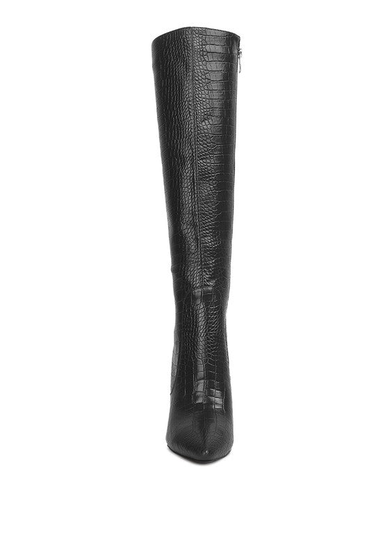 Indulgent High Heeled Croc Calf Boots by Rag Company | Fleurcouture