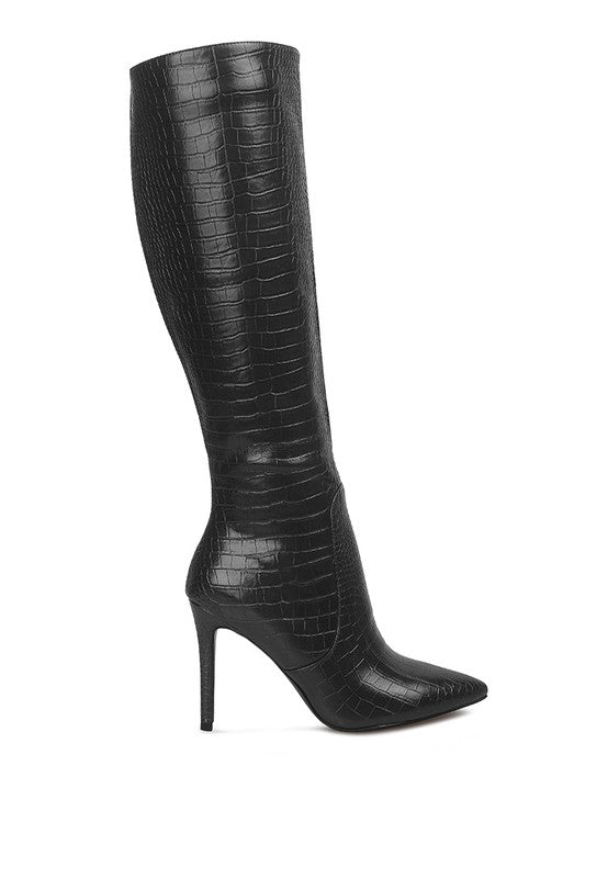 Indulgent High Heeled Croc Calf Boots by Rag Company | Fleurcouture