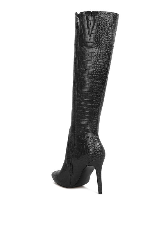 Indulgent High Heeled Croc Calf Boots by Rag Company | Fleurcouture