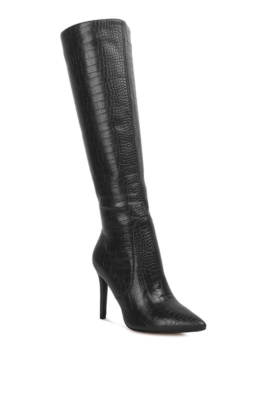 Indulgent High Heeled Croc Calf Boots by Rag Company | Fleurcouture