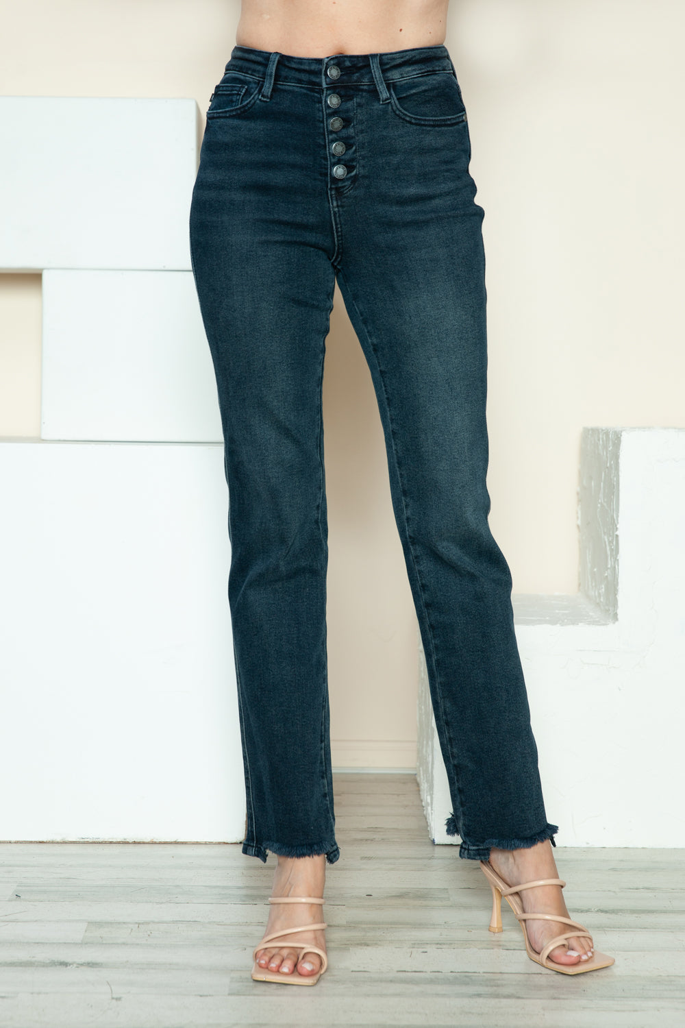Judy Blue Full Size Button Fly Hem Destroy Straight Jeans Dark Women&