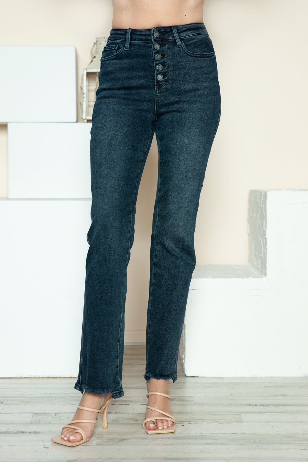 Judy Blue Full Size Button Fly Hem Destroy Straight Jeans Dark Women&