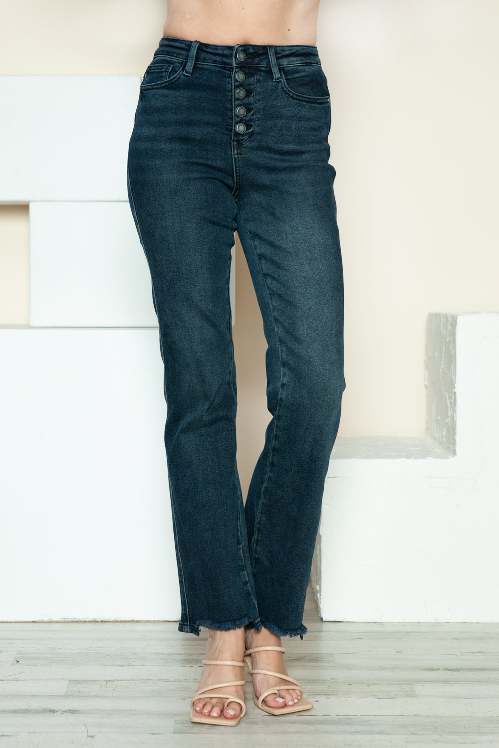 Judy Blue Full Size Button Fly Hem Destroy Straight Jeans Dark Women&