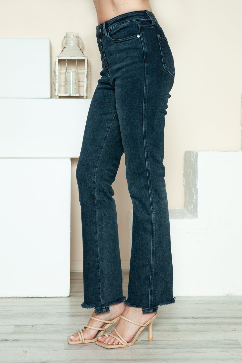 Judy Blue Full Size Button Fly Hem Destroy Straight Jeans Dark Women&