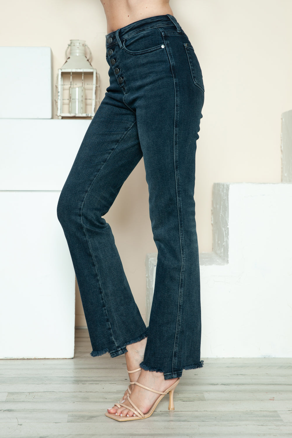 Judy Blue Full Size Button Fly Hem Destroy Straight Jeans Dark Women&