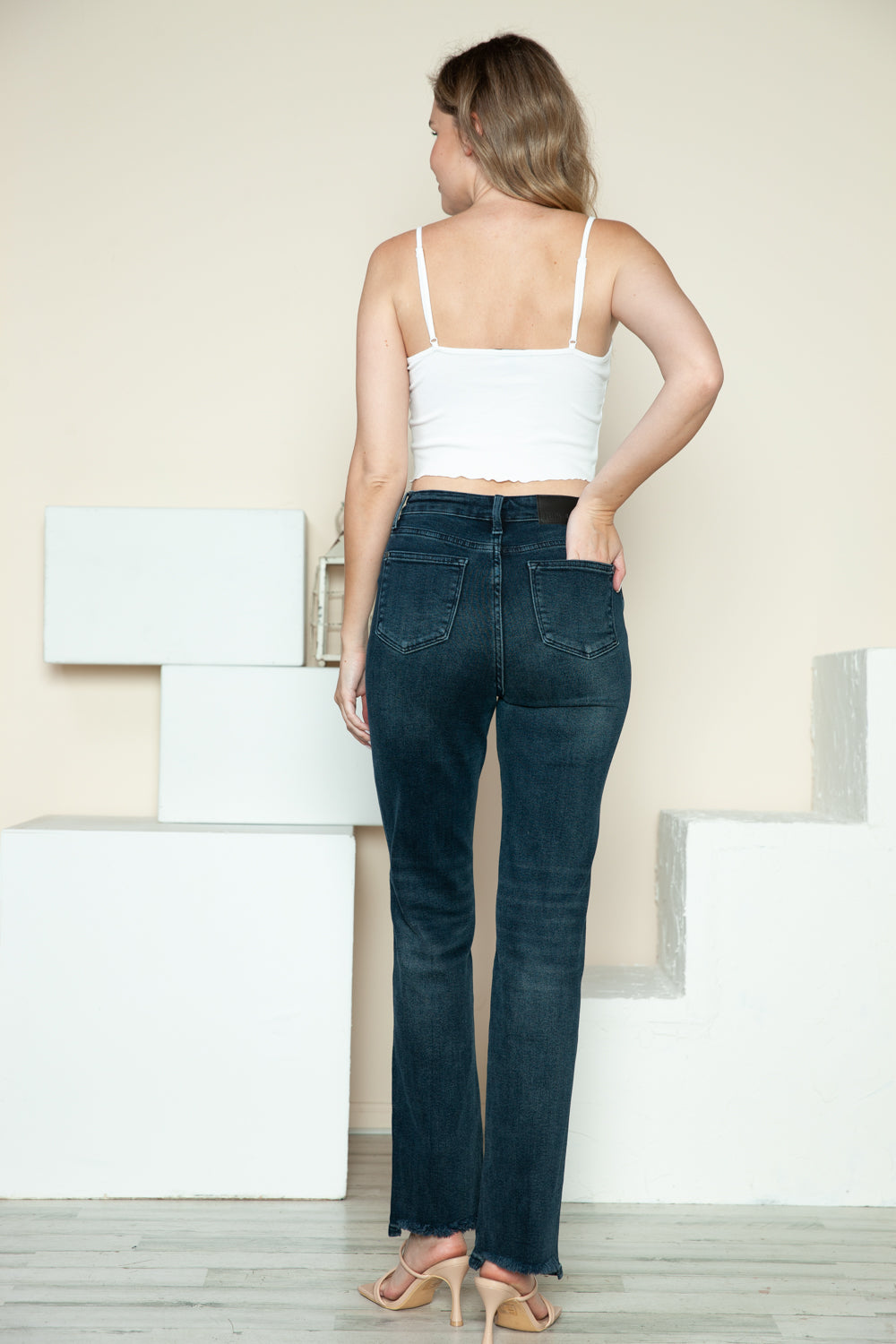Judy Blue Full Size Button Fly Hem Destroy Straight Jeans Dark Women&