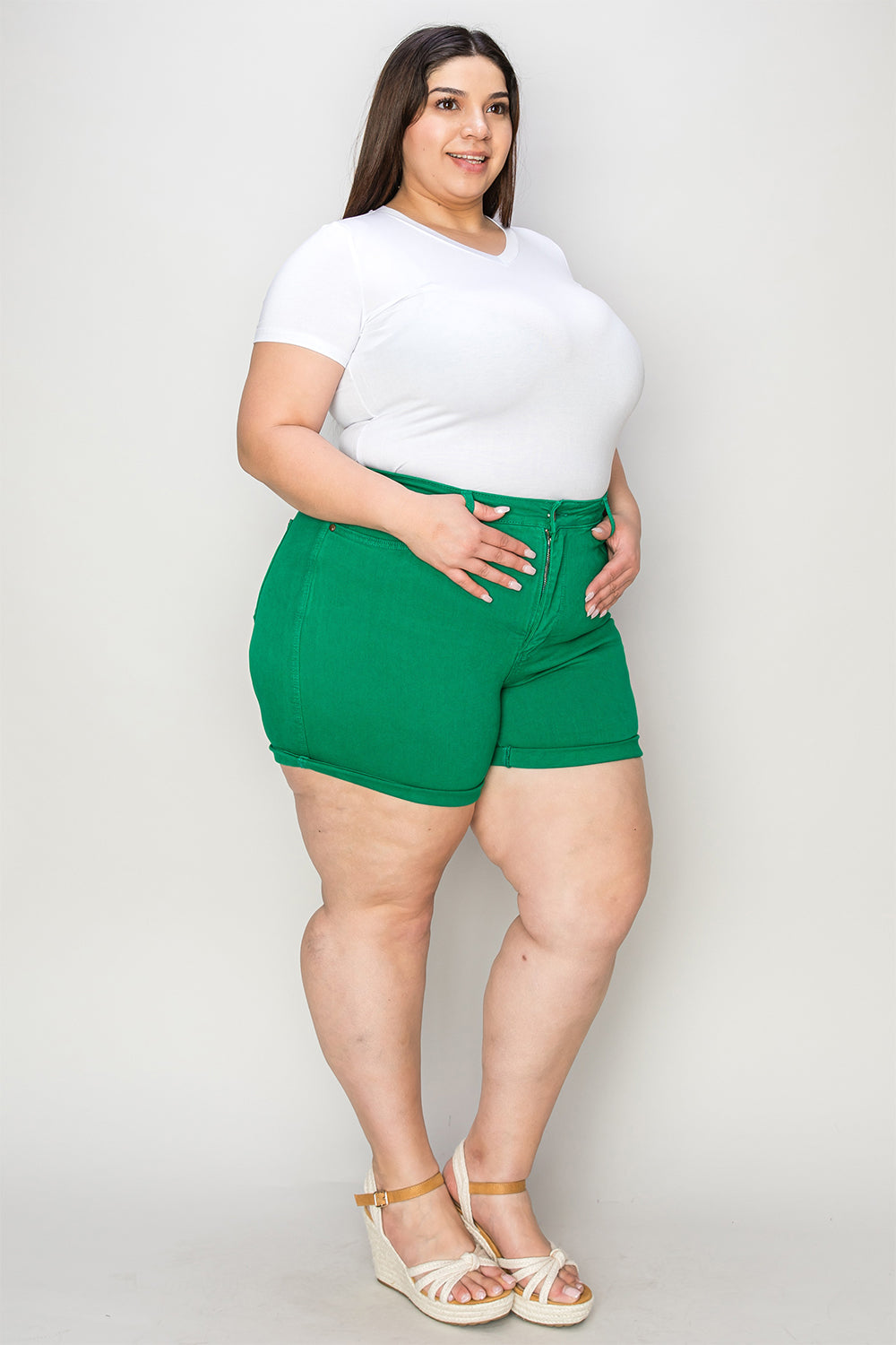 Judy Blue Full Size Tummy Control Garment Dyed Denim Shorts K GREEN Women&